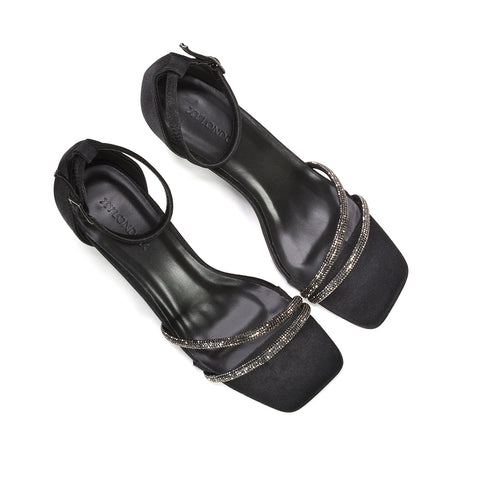 black glamorous low heel sandals, black crystal strap sandals, black holiday party heels, black evening dress sandals