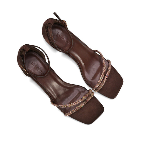 brown satin kitten heel sandals, brown ankle strap low heel sandals, brown minimalist strappy sandals, brown dressy kitten heel sandals