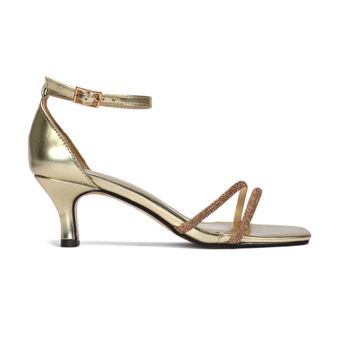 gold diamante strappy kitten heel sandals, champagne gold sparkly kitten heel sandals, gold crystal embellished evening sandals, metallic gold low heel sandals for women