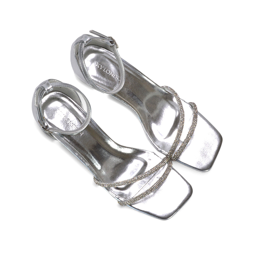silver holiday evening sandals, silver elegant party footwear, silver kitten heel sandals, silver crystal occasion shoes