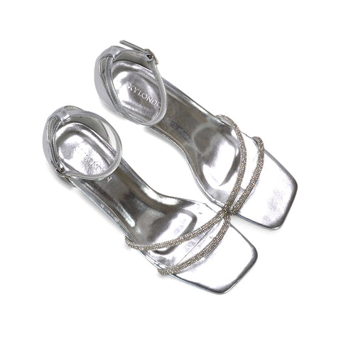 silver holiday evening sandals, silver elegant party footwear, silver kitten heel sandals, silver crystal occasion shoes