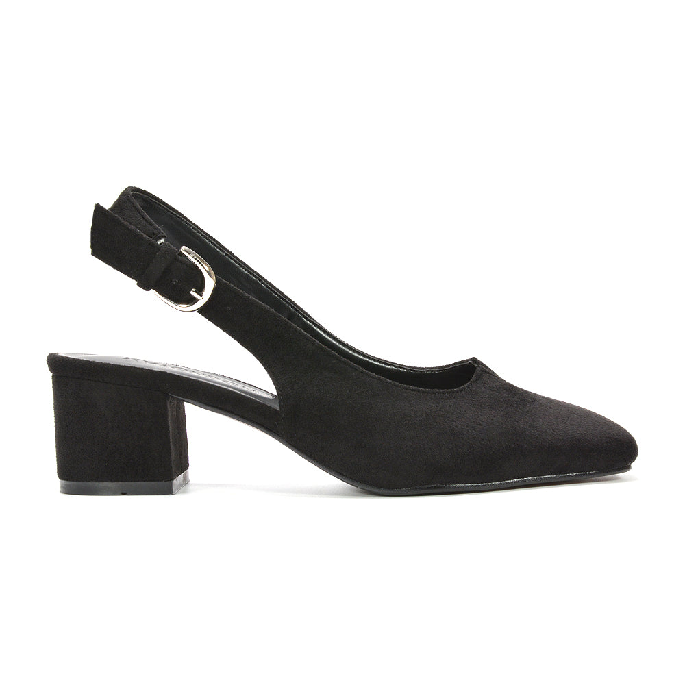 Classic black block heel slingbacks, Black suede mid heel shoes, black heels, black mid heels, heels, mid heels, Women’s block heel shoes, Women’s mid block heel slingback shoes, Office wear women’s shoes, 