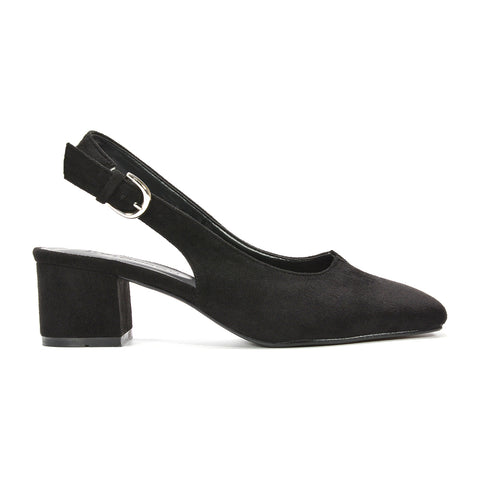 Classic black block heel slingbacks, Black suede mid heel shoes, black heels, black mid heels, heels, mid heels, Women’s block heel shoes, Women’s mid block heel slingback shoes, Office wear women’s shoes, 