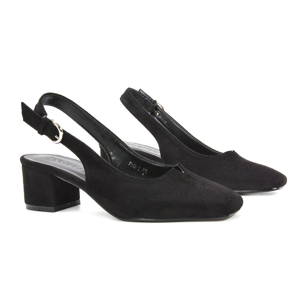 Matte black women’s heels, black block heels, block heels, mid block heels, Casual chic women’s heels, Adjustable strap slingback heels for all-day comfort