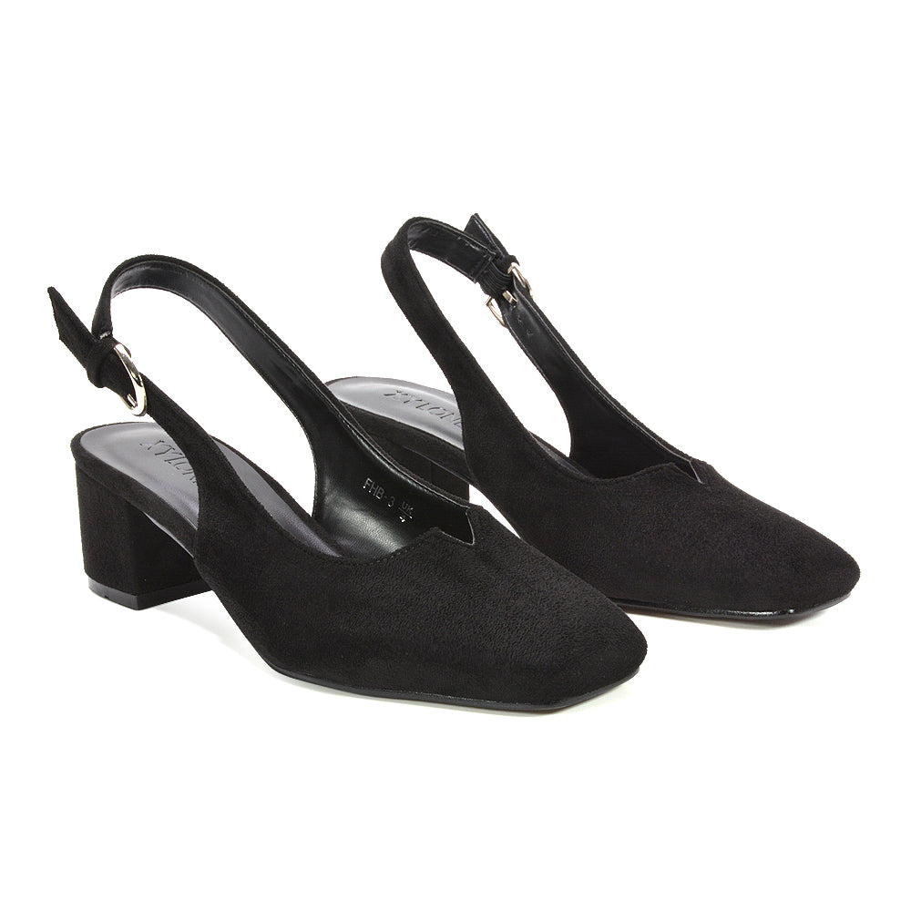 Black square toe block heels, party season heels, slingback strap heels, occasion heels, closed toe heels, comfortable heels