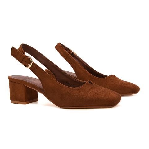 Matte brown women’s heels, brown block heels, block heels, mid block heels, Casual chic women’s heels, Adjustable strap slingback heels for all-day comfort