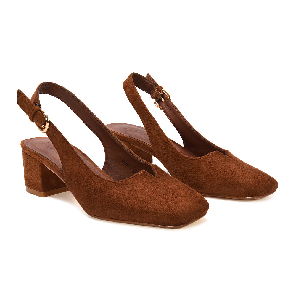 brown square toe block heels, party season heels, slingback strap heels, occasion heels, closed toe heels, comfortable heels