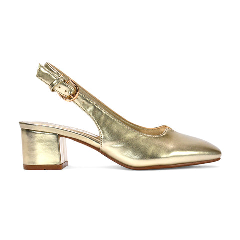 Classic gold block heel slingbacks, gold  mid heel shoes, gold heels, gold mid heels, heels, mid heels, Women’s block heel shoes, Women’s mid block heel slingback shoes, Office wear women’s shoes, 