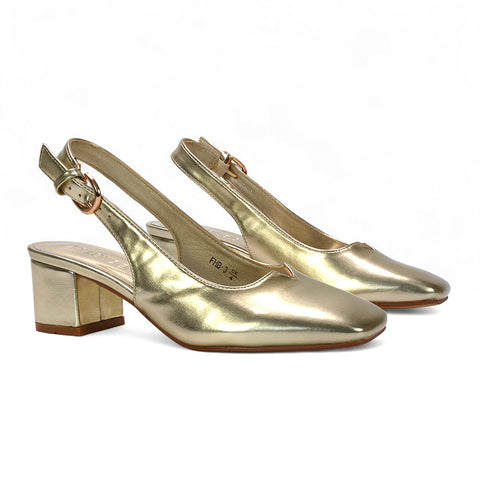 gold women’s heels, gold block heels, block heels, mid block heels, Casual chic women’s heels, Adjustable strap slingback heels for all-day comfort