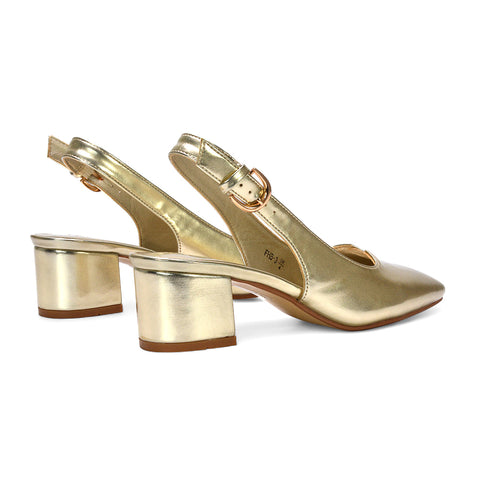 gold slingback shoes with buckle, gold strappy heels, strappy heels, heels for party season, square toe court shoes