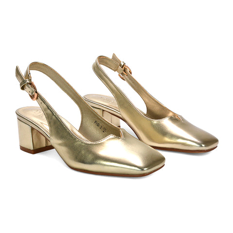 gold square toe block heels, party season heels, slingback strap heels, occasion heels, closed toe heels, comfortable heels