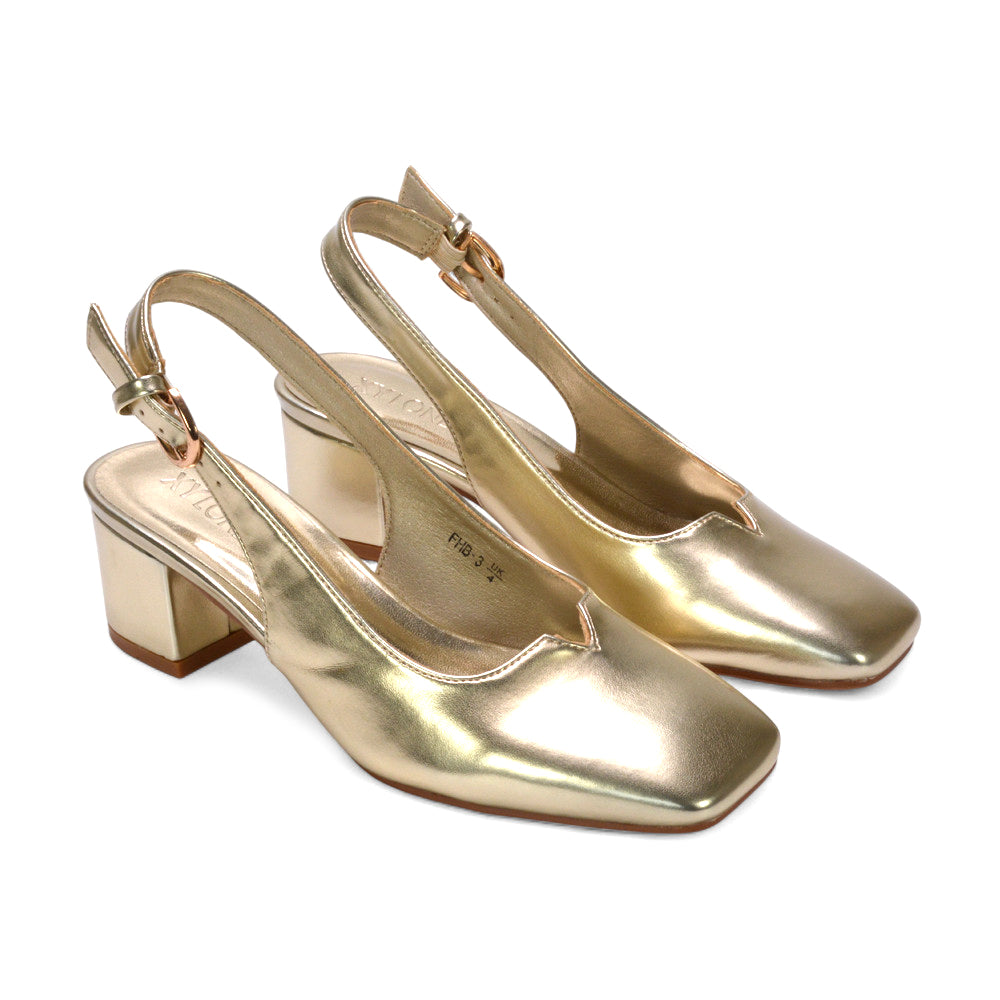 Timeless gold dress shoes for women, low heels, mid block heel court shoes, classic court shoes, trendy heels