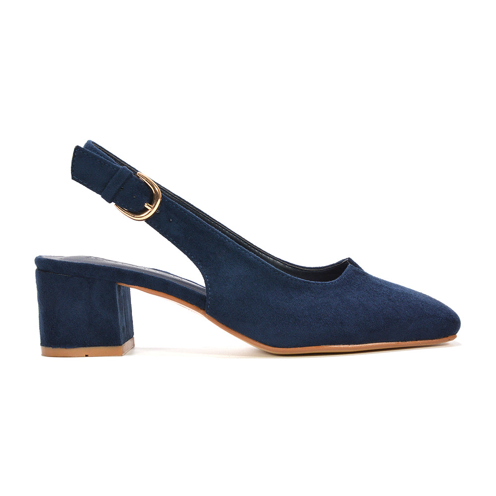 Classic navy block heel slingbacks, navy suede mid heel shoes, navy heels, navy mid heels, heels, mid heels, Women’s block heel shoes, Women’s mid block heel slingback shoes, Office wear women’s shoes, 