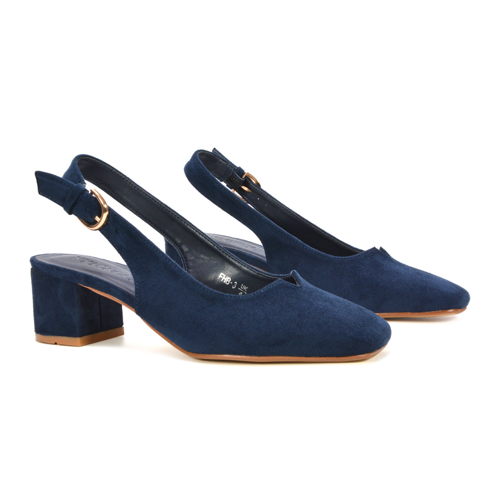 Matte navy women’s heels, navy block heels, block heels, mid block heels, Casual chic women’s heels, Adjustable strap slingback heels for all-day comfort
