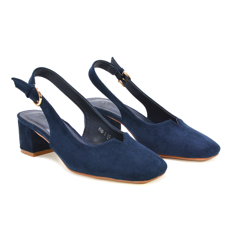 navy square toe block heels, party season heels, slingback strap heels, occasion heels, closed toe heels, comfortable heels
