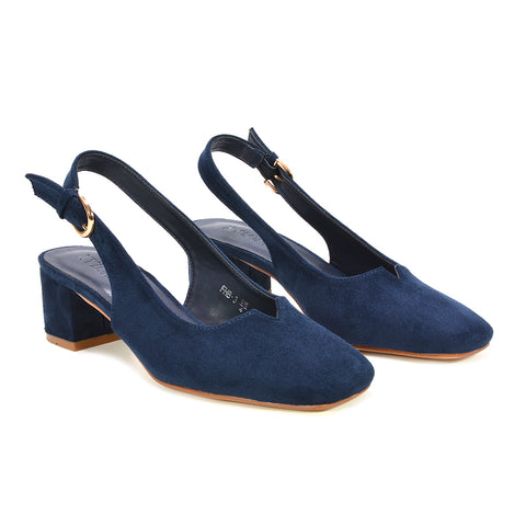 navy square toe block heels, party season heels, slingback strap heels, occasion heels, closed toe heels, comfortable heels