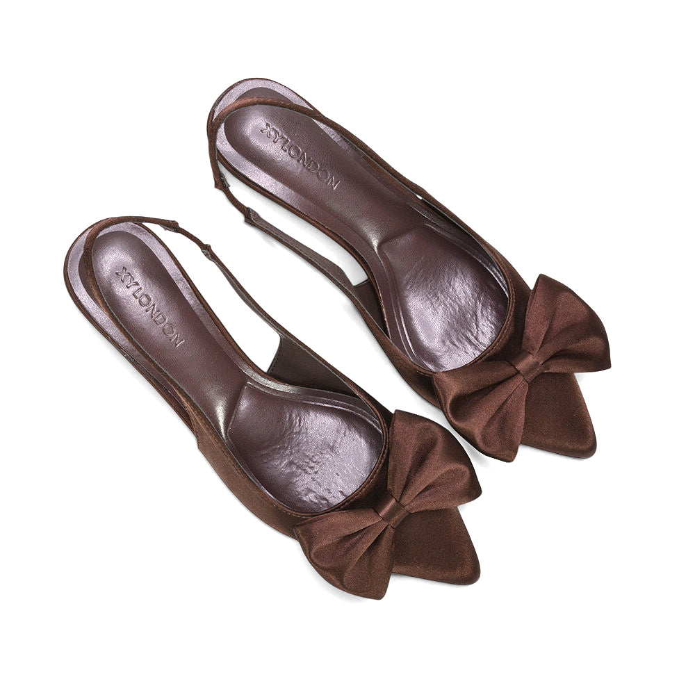 brown date night shoes, women’s brown court shoes with low kitten heel, brown pointed toe heels for parties, brown prom heels, brown satin bow heels
