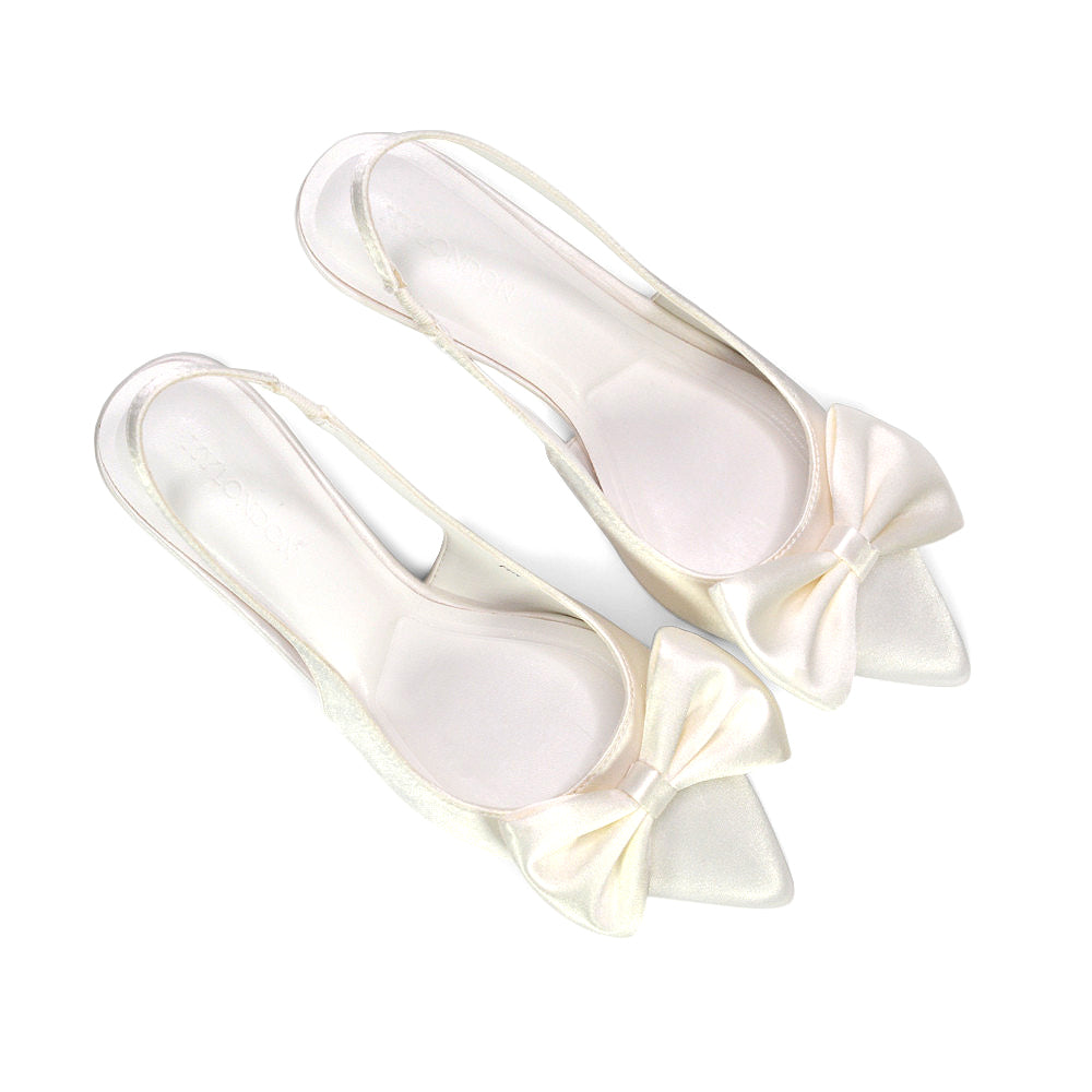 ivory reception shoes, ivory low heel bridal pumps, women’s ivory court shoes with low kitten heel, classic ivory dress shoes with bow detail, ivory satin bow heels
