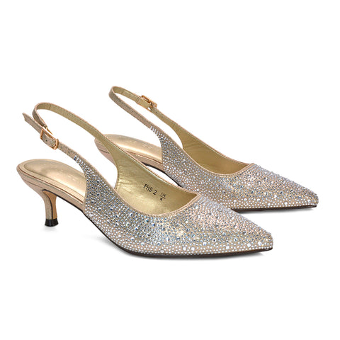 gold slingback heels women, gold pointed toe slingback kitten heels with diamante, gold bridesmaid heels, prom heels