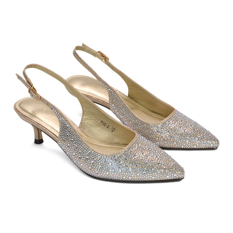 gold rhinestone heels, comfortable gold court shoes with slingback strap and embellishment, gold evening party shoes