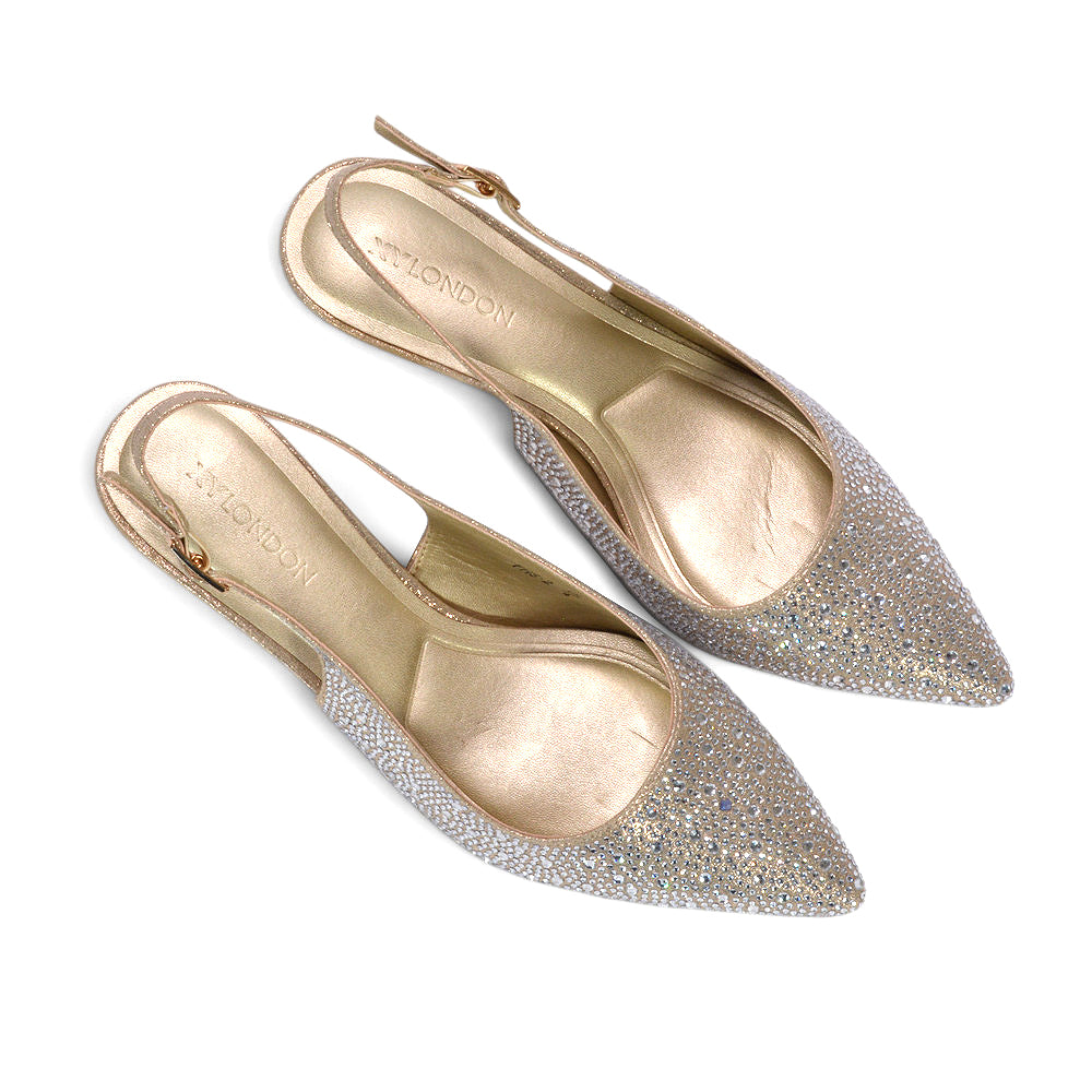 gold festive party heels, gold special occasion slingbacks, women’s gold mid heel slingback shoes for parties