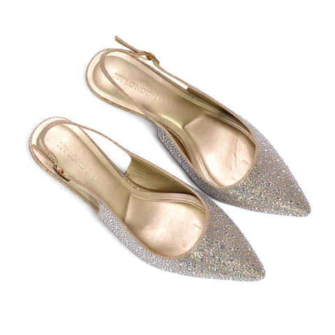 gold festive party heels, gold special occasion slingbacks, women’s gold mid heel slingback shoes for parties