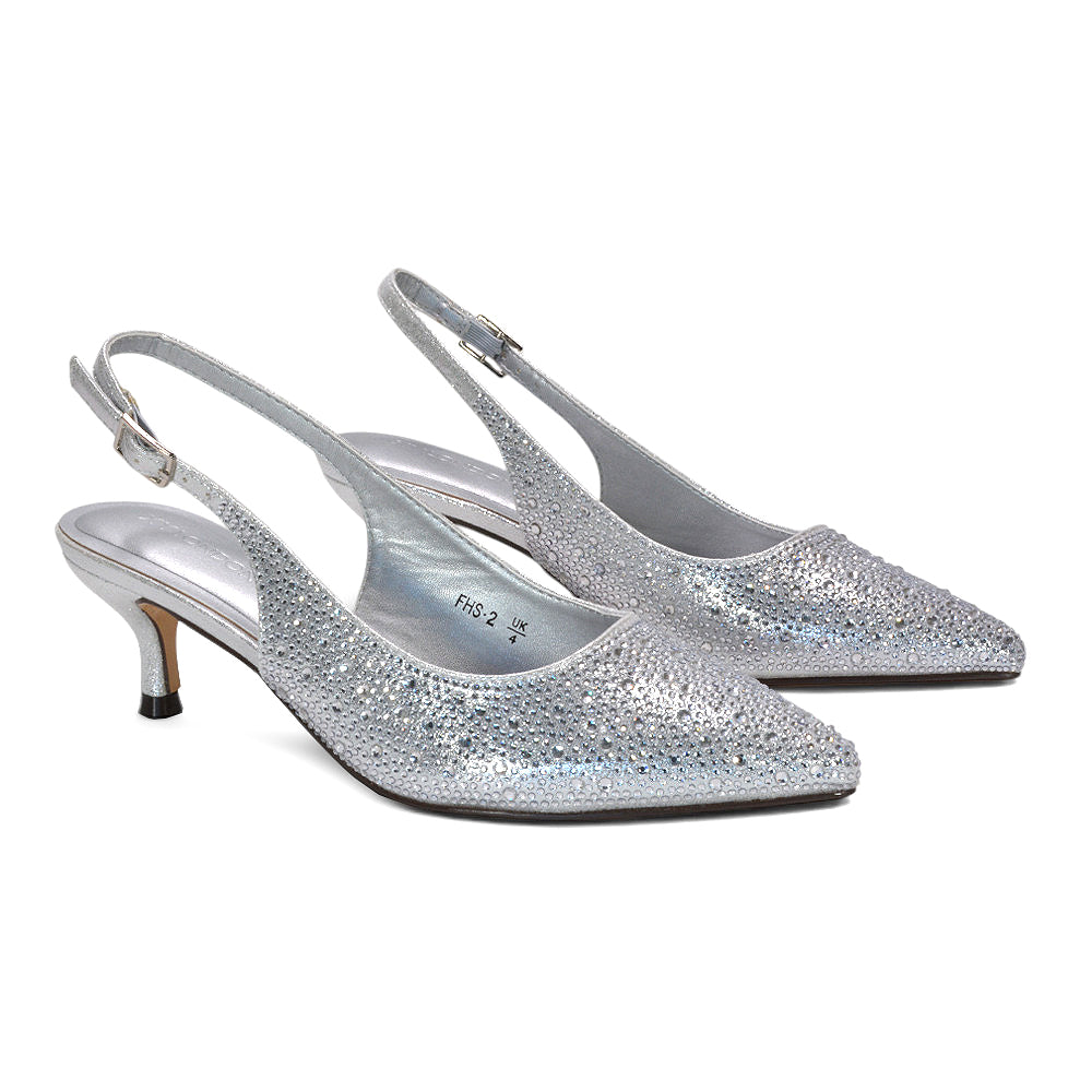 silver wedding ceremony heels, women’s silver shimmer slingback heels with low kitten heel, silver sparkly court shoes