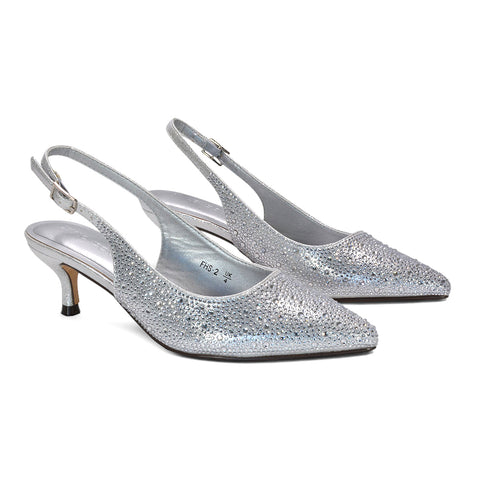 silver wedding ceremony heels, women’s silver shimmer slingback heels with low kitten heel, silver sparkly court shoes