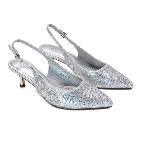 silver celebration footwear, pointed toe silver slingback heels with rhinestone detailing, silver shimmer heels