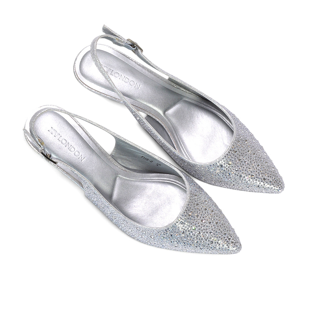 silver formal slingback pumps, women’s silver glitter slingback heels for prom night, comfortable silver evening heels with pointed toe, silver bridal reception heels