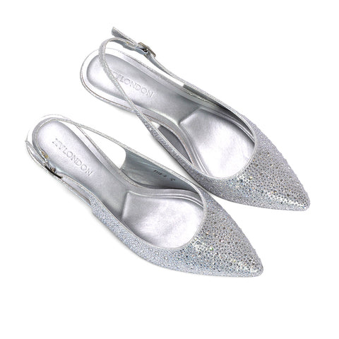 silver formal slingback pumps, women’s silver glitter slingback heels for prom night, comfortable silver evening heels with pointed toe, silver bridal reception heels