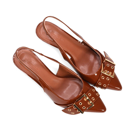 pointed toe kitten heels, classic slingback kitten heels with buckle fastening, date night elegant heels, slingback kitten heels, brown strappy heels