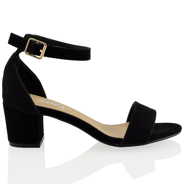 RITA BUCKLE UP ANKLE STRAP LOW MID BLOCK HIGH HEEL SANDALS FAUX SUEDE