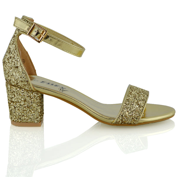RITA BUCKLE UP ANKLE STRAP LOW MID BLOCK HIGH HEEL SANDALS GLITTER