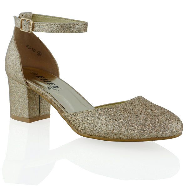 BILLIE MAY CHUNKY STRAPPY MID BLOCK HIGH HEELS COURT SHOES GLITTER