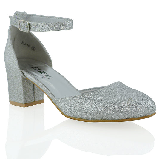 | XY London | Silver Glitter Wedding Shoes,Silver Glitter Wedding Shoes for Women,Silver Glitter Block Heel Shoes,Silver Glitter Court Shoes,Ivory Strappy Heels