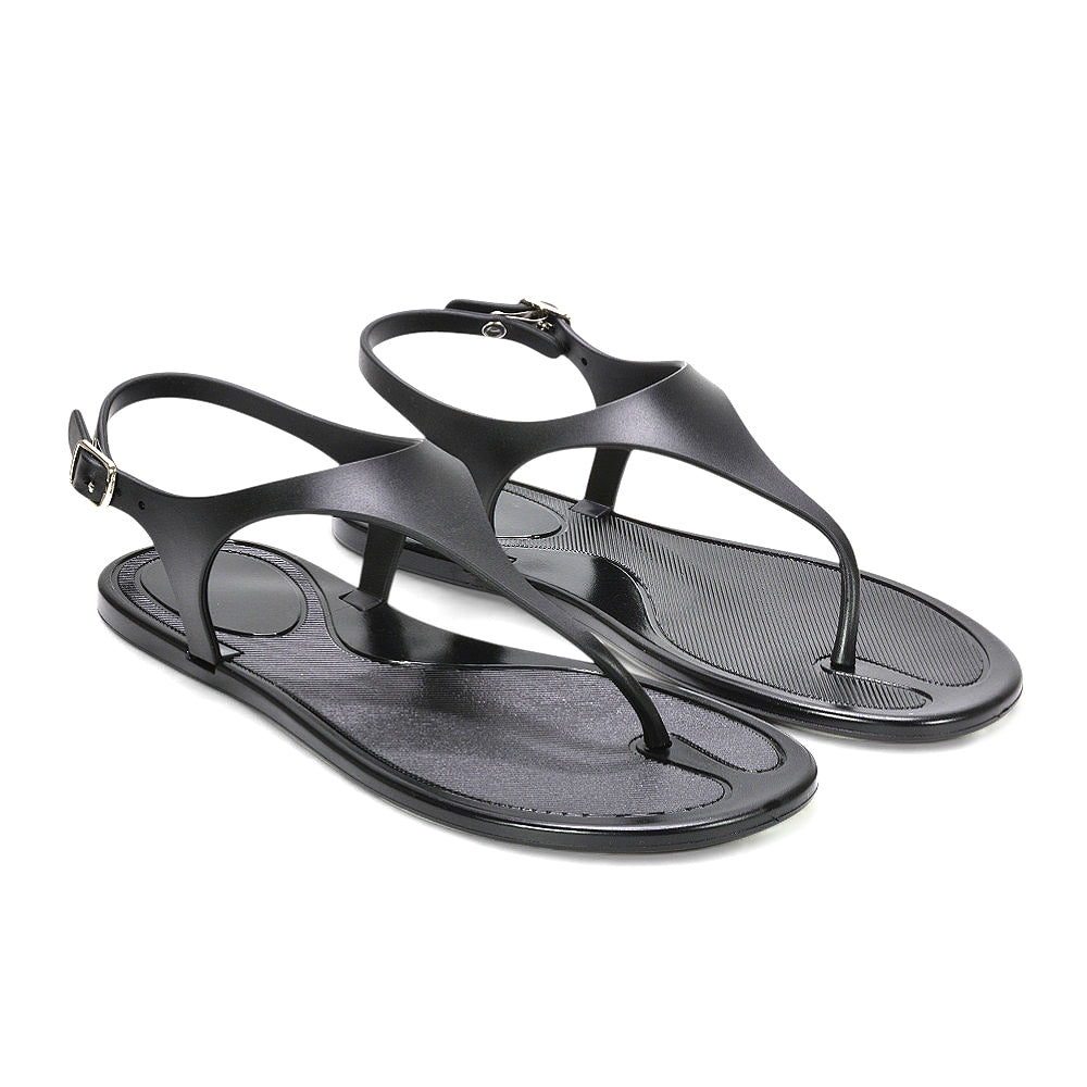 jelly T-bar sandals, women’s jelly T-bar sandals with ankle strap, women’s jelly sandals UK, black flat sandals, black strappy sandals