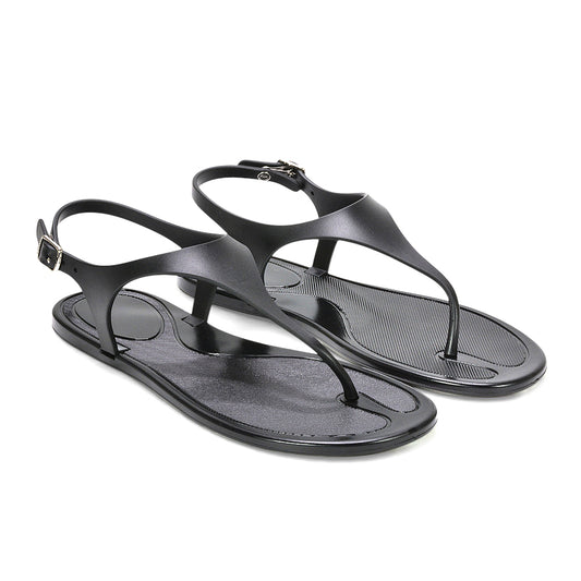 jelly T-bar sandals, women’s jelly T-bar sandals with ankle strap, women’s jelly sandals UK, black flat sandals, black strappy sandals