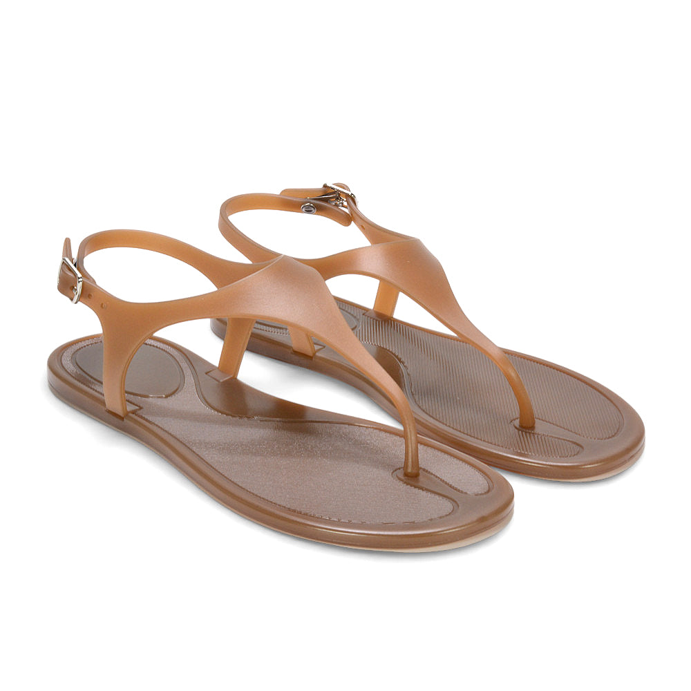 jelly T-bar sandals, women’s jelly T-bar sandals with ankle strap, women’s jelly sandals UK, coffee flat sandals, coffee strappy sandals