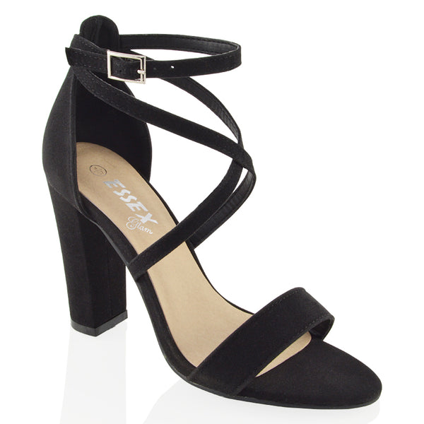 Briella Cross Over Buckle Strap Block High Heel Sandals FAUX SUEDE