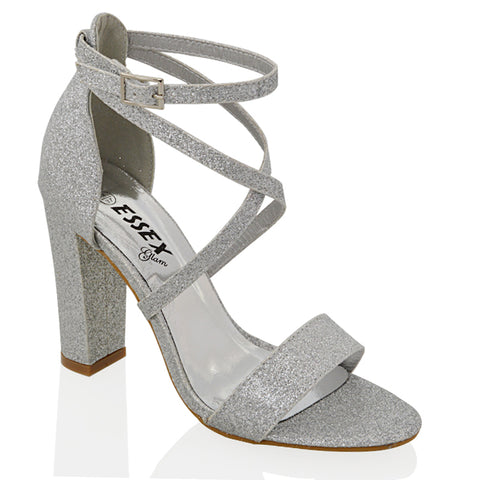 | XY London | Silver GlitterStrappy Heels,Silver GlitterHeels, Silver GlitterHigh Heels, Silver GlitterBlock Heels,Silver GlitterBlock High Heels