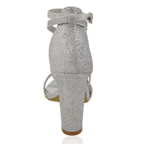 | XY London | Silver GlitterStrappy Heels,Silver GlitterHeels, Silver GlitterHigh Heels, Silver GlitterBlock Heels,Silver GlitterBlock High Heels