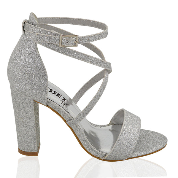 BRIELLA CROSS OVER FRONT STRAPPY BLOCK HIGH HEEL SANDALS GLITTER
