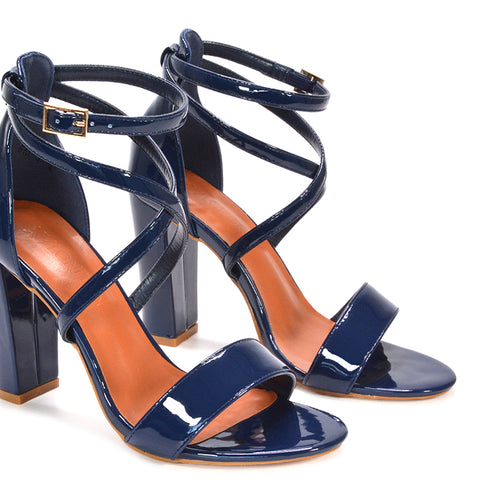 navy strappy heels, navy strappy high heels, strappy heels, navy block high heels, navy high heels, navy strap heels