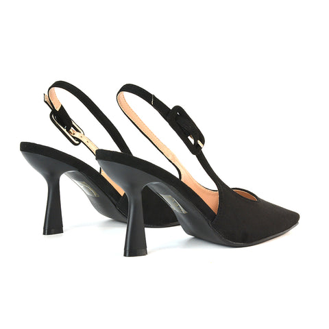 Black Heels Closed Toe, Black Court Shoes With Slingback, Black Court Shoes With Stiletto Heels, Black Court Heels With Strap