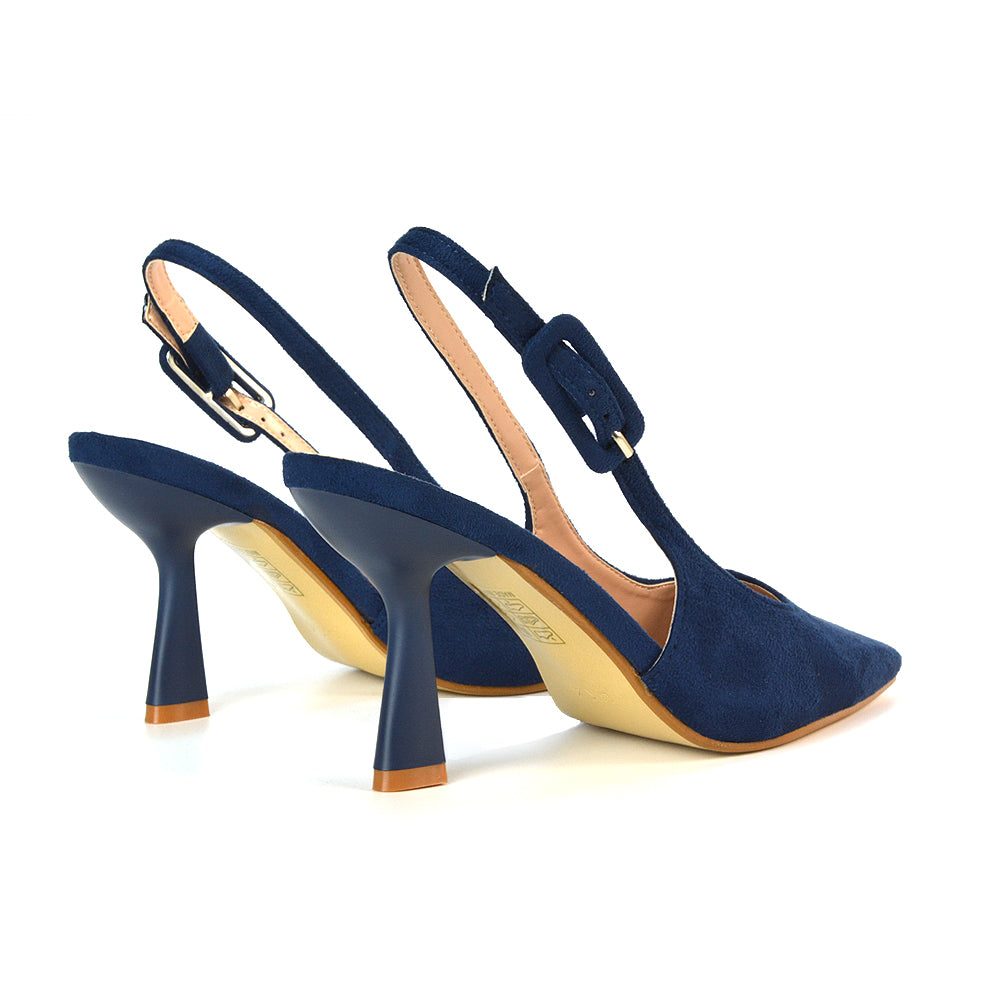 Navy Heels Closed Toe, Navy Court Shoes With Slingback, Navy Court Shoes With Stiletto Heels, Navy Court Heels With Strap