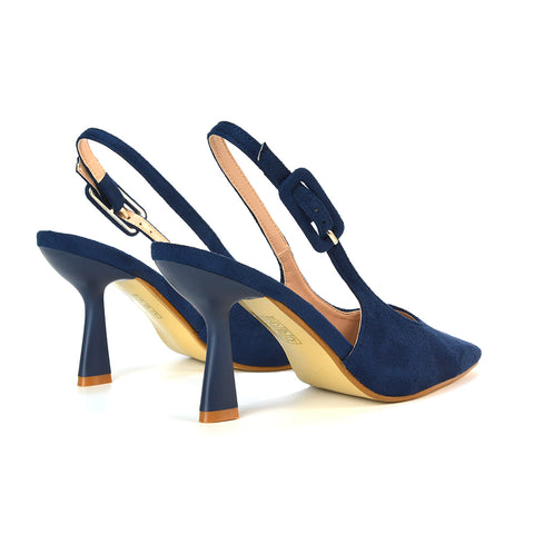 Navy Heels Closed Toe, Navy Court Shoes With Slingback, Navy Court Shoes With Stiletto Heels, Navy Court Heels With Strap