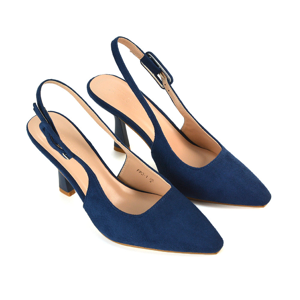 Court Heels With Strap, Navy Court Heels With Strap, Heeled Court Shoes, Navy Heeled Court Shoes