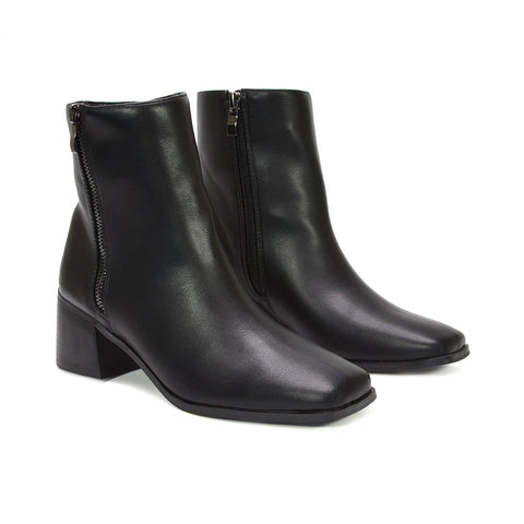 women black synthetic leather boots, women square toe boots, women office boots