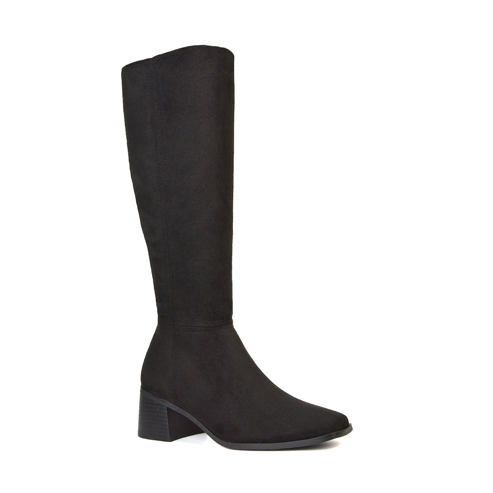 Women's Black Faux Suede Boots, Women's Black Faux Suede Knee High Boots, Black Faux Suede Knee High Boots Heels, Women's Boots